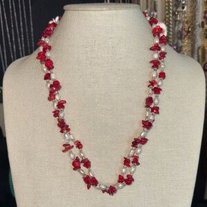Red Chip Coral and Freshwater Pearl Necklace